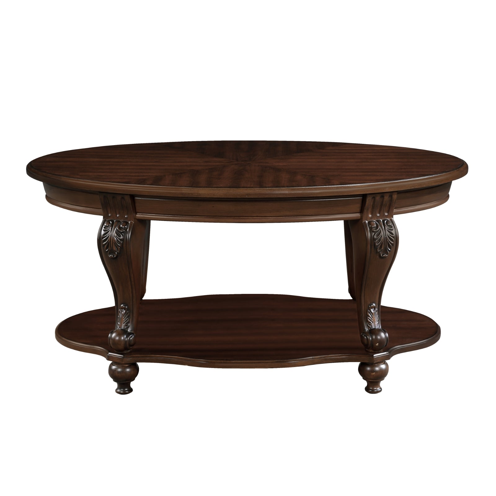 42'' Oval Wood Coffee Table For Living Room, 2-Tier Solid Wood Cocktail Table With Open Storage Shel