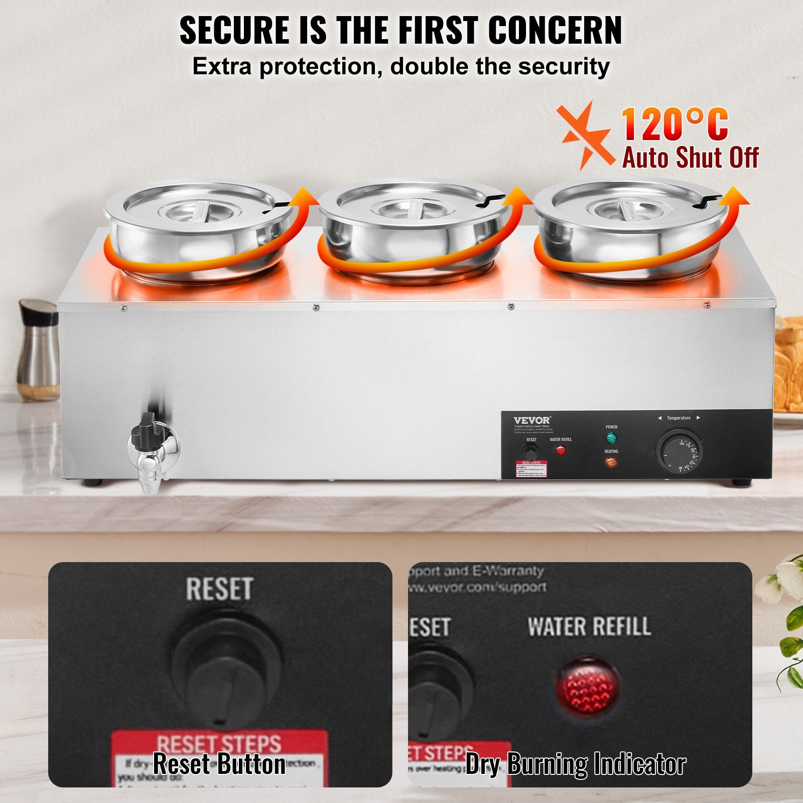 Electric Soup Warmer, Three 7.4QT Stainless Steel Round Pot 86~185°F Adjustable Temp, 1200W Commercial Bain Marie With Anti-dry Burn And Reset Button, Soup Station For Restaurant, Buffet, Silver