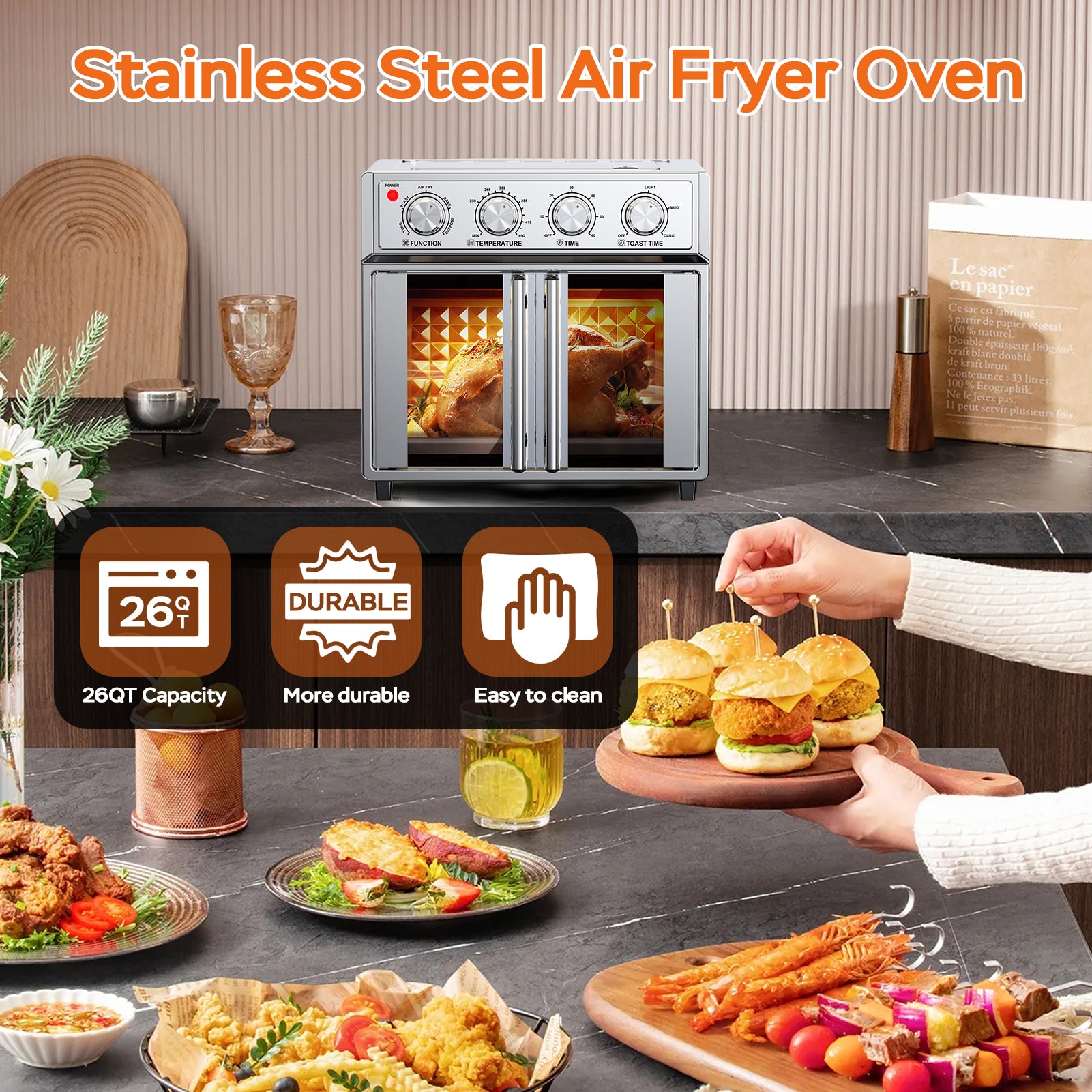 29.5 QT Air Fryer Convection Toaster Oven, French Door, 6 Slices, 1700W, Multifunction Oven, Air Fryer, Toast, Grill, Defrost, Bake, Time And Temperature Controls, Silver