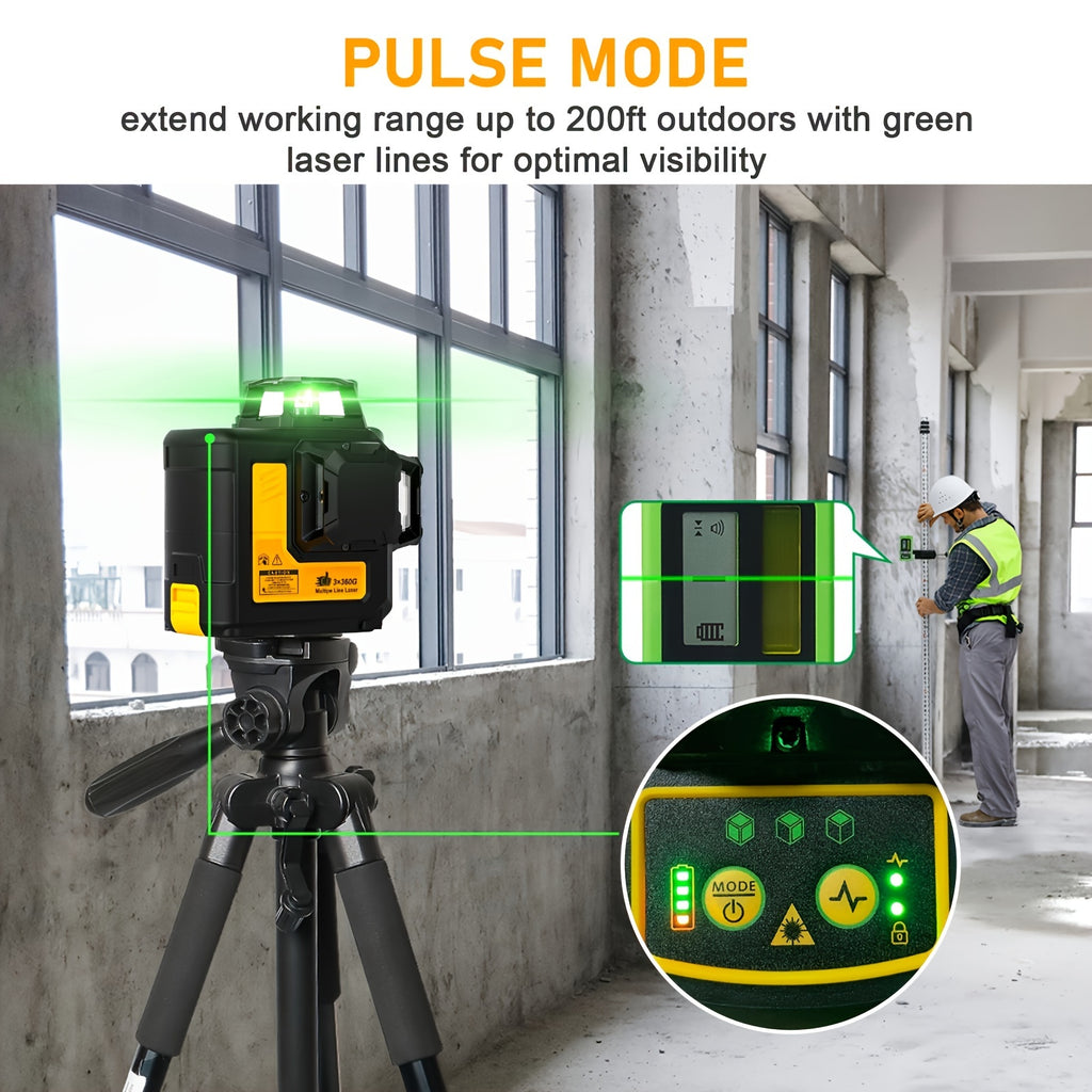Self Leveling Laser Level Tool, 3x360 Line Lasers, 12 Lines Green Beam Leveler Tool, With Self-leveling, Manual, Pulse Mode, Lazer Level With 360 Magnetic Base And Rechargeable Battery