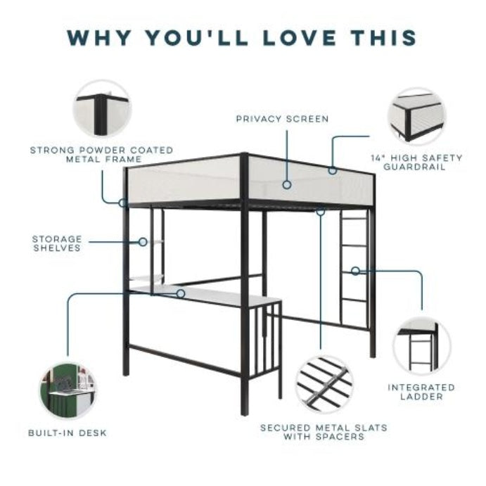 Axel Full Loft Bed With Desk & Shelves