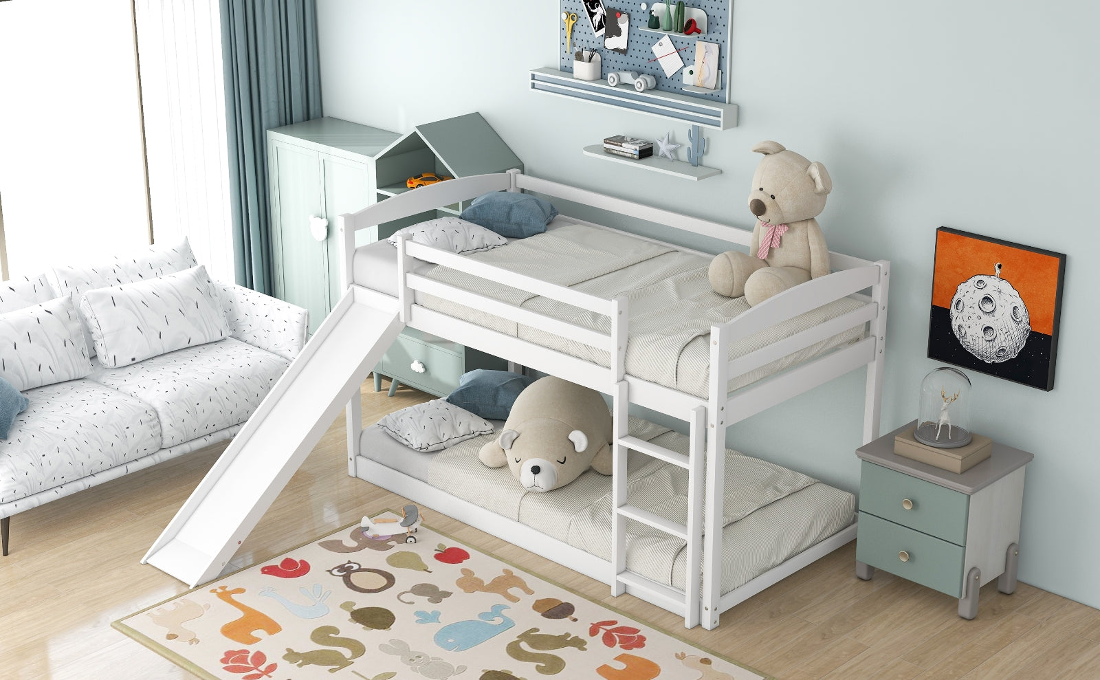 Twin Bunk Bed With Convertible Slide & Ladder, White