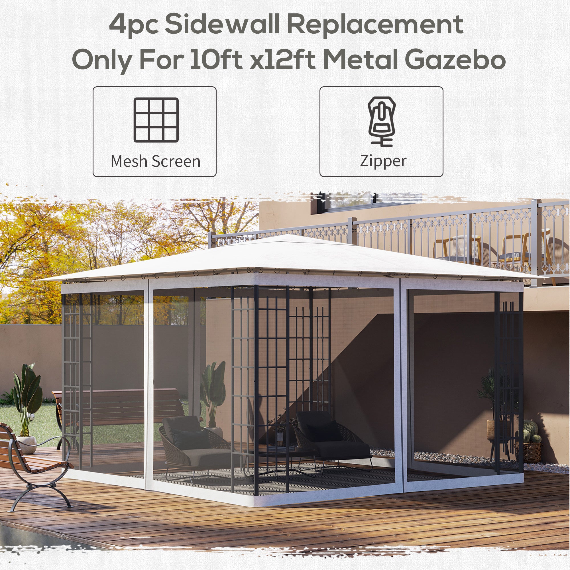 Replacement Mesh Sidewall Netting for 10' x 12' Gazebos and Canopy Tents with Zippers, (Sidewall Only) White