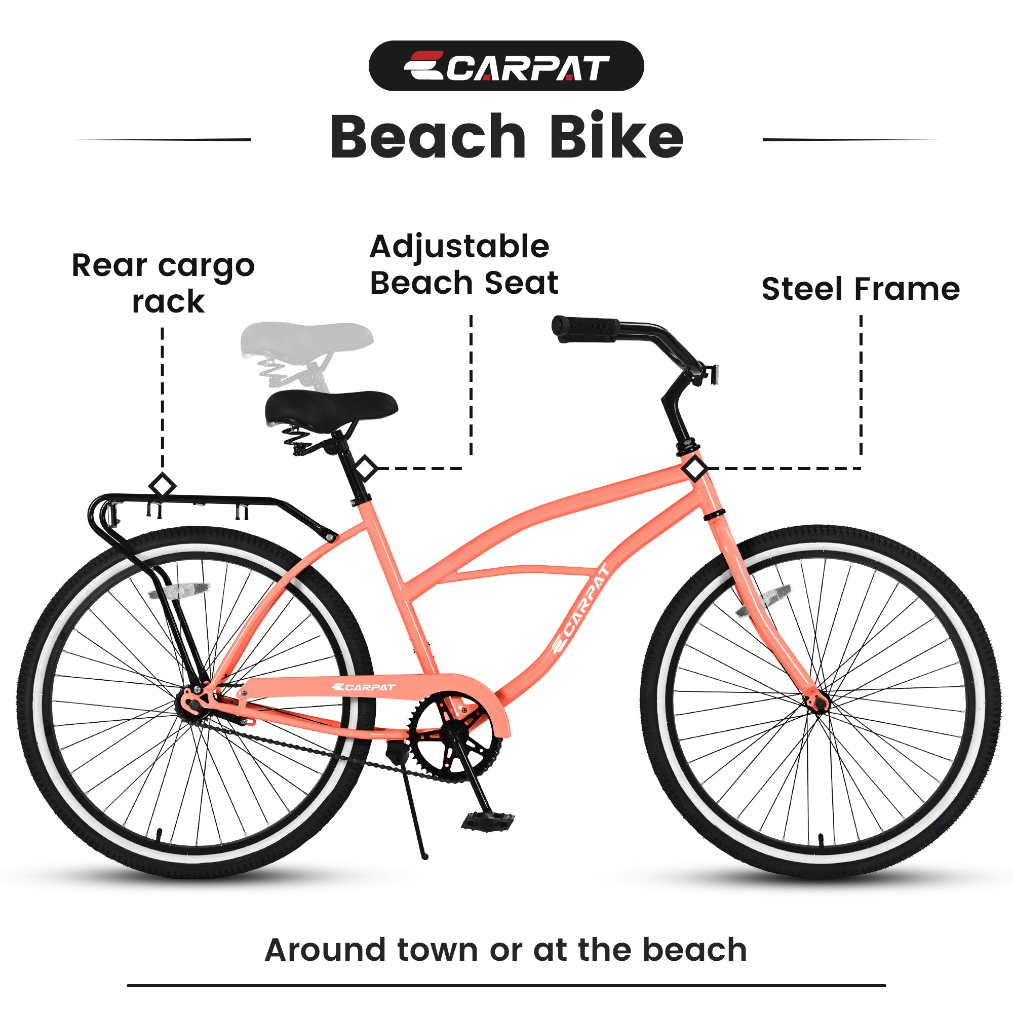 S26204 26 Inch Beach Cruiser Bike For Men And Women, Steel Frame, Single Speed Drivetrain, Upright Comfortable Rides, Multiple Colors