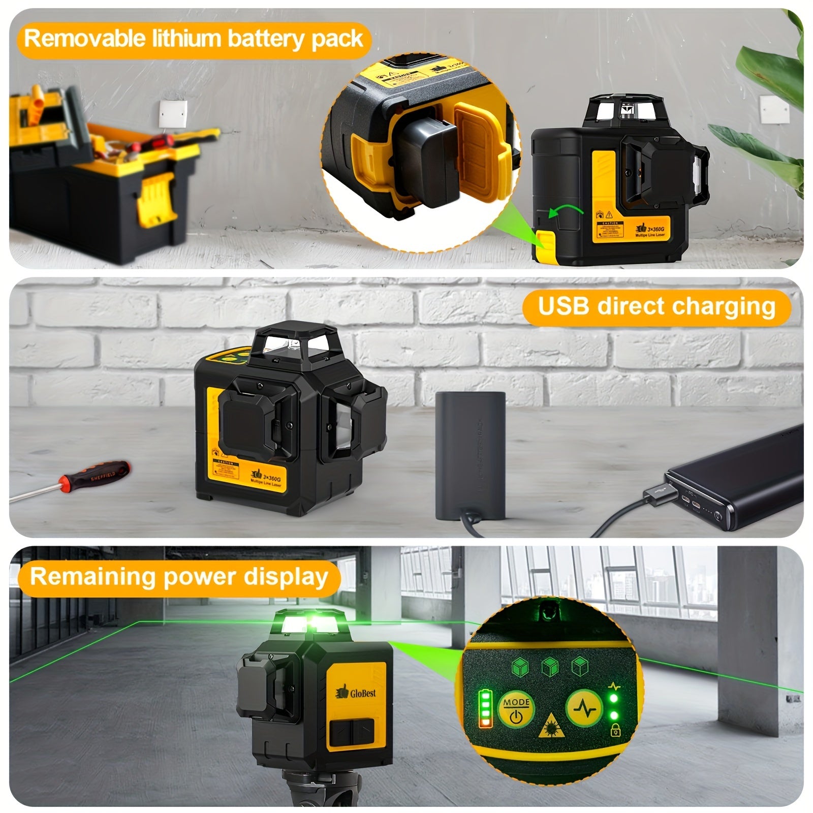 Self Leveling Laser Level Tool, 3x360 Line Lasers, 12 Lines Green Beam Leveler Tool, With Self-leveling, Manual, Pulse Mode, Lazer Level With 360 Magnetic Base And Rechargeable Battery