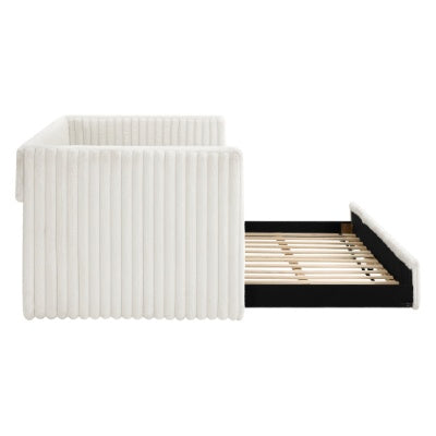 Twin Size Daybed, Upholstered Sofa Bed,The Bottom Pulls Out To Form A Bed ,Striped Corduroy Fabric- Beige 86x43.5x34