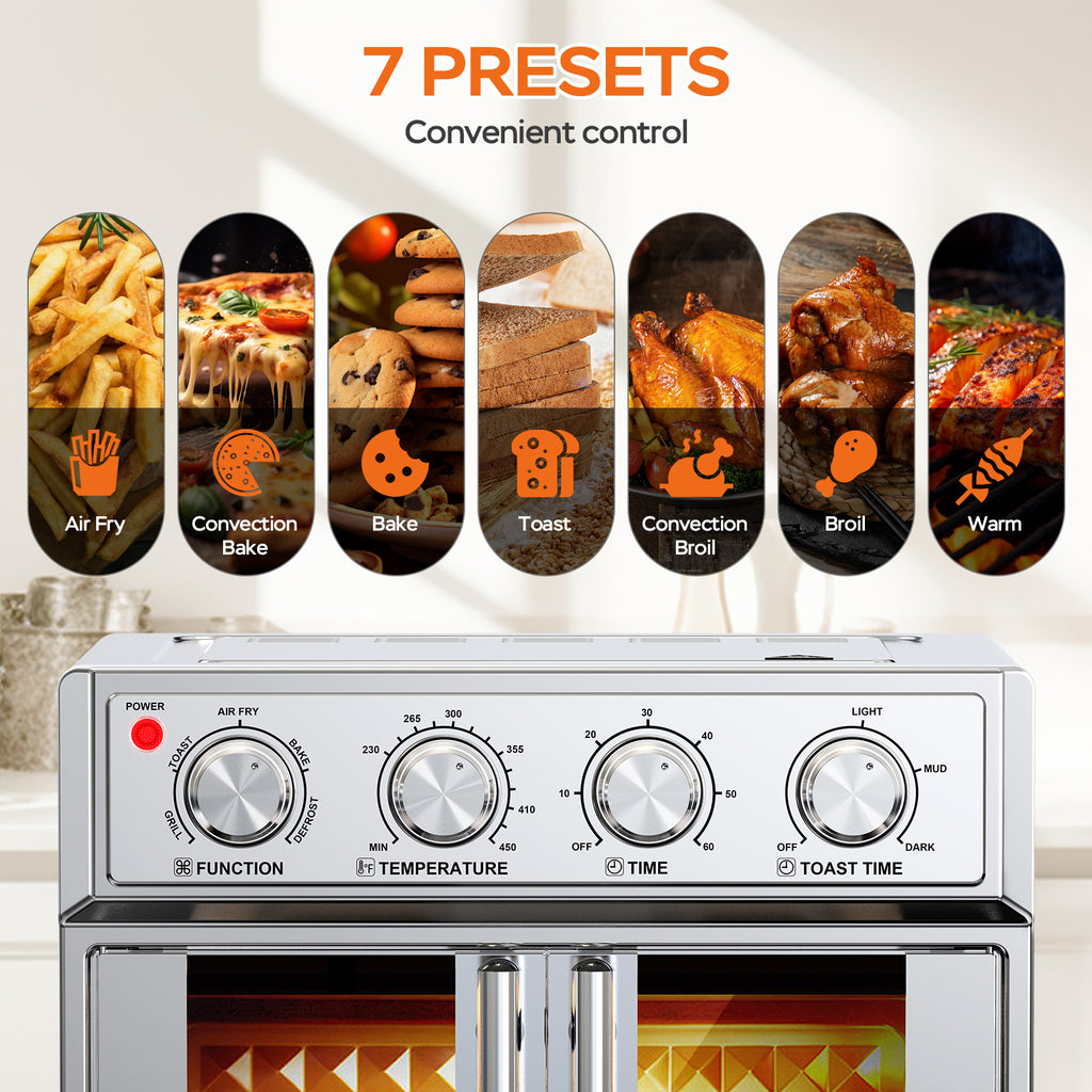 29.5 QT Air Fryer Convection Toaster Oven, French Door, 6 Slices, 1700W, Multifunction Oven, Air Fryer, Toast, Grill, Defrost, Bake, Time And Temperature Controls, Silver