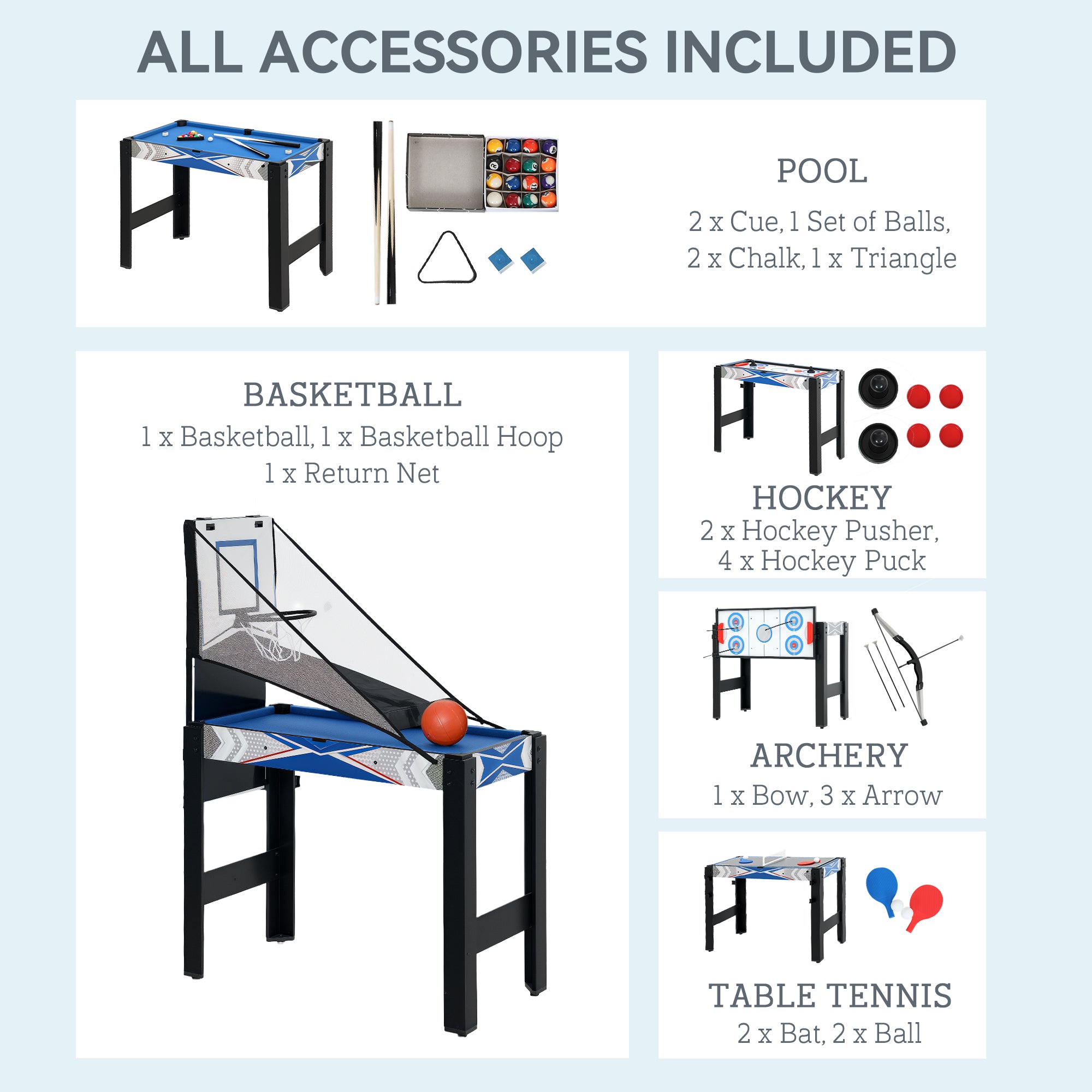 SPORTNOW 5-in-1 Multi Games Table, With Pool, Table Tennis, Basketball, Hockey, Archery, Blue