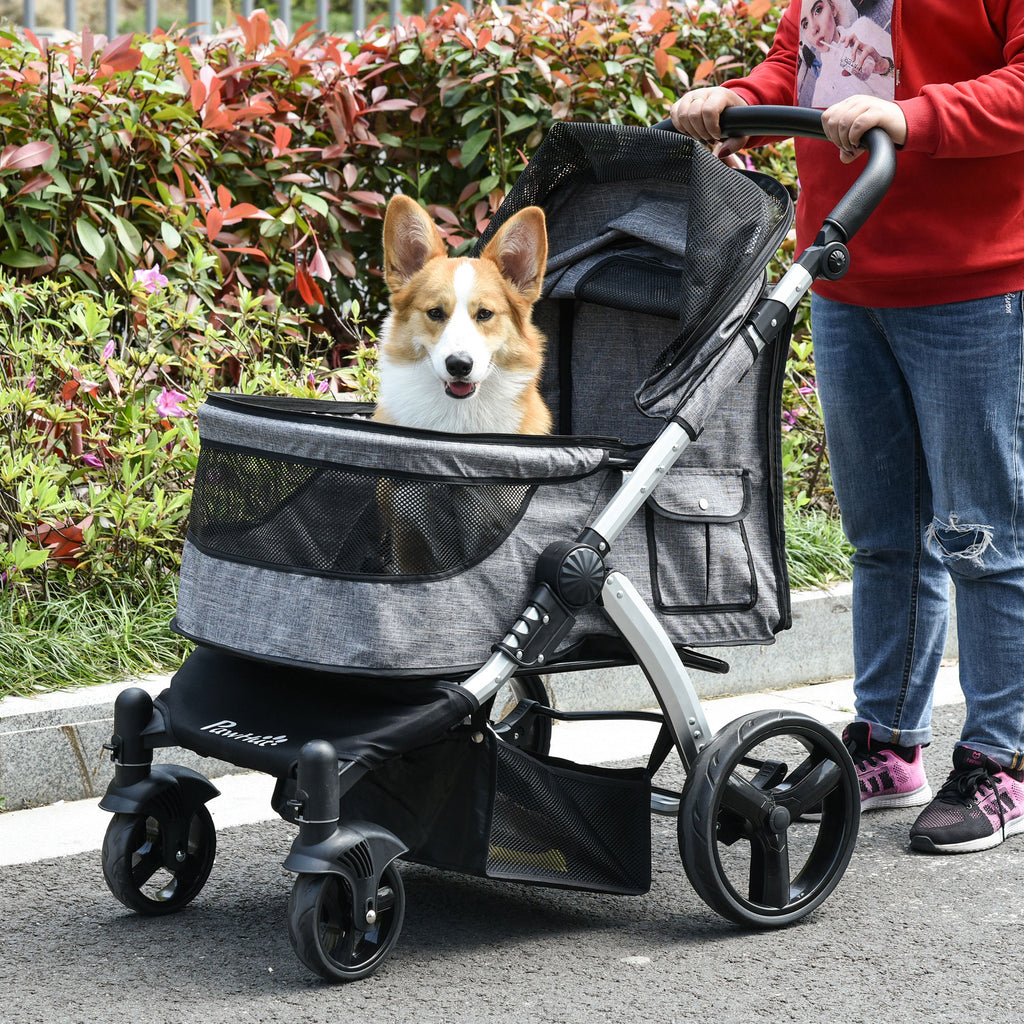 Pet Stroller Foldable Dog Cat Travel Carriage with Adjustable Handlebar PVC Wheel Brake Storage Bag Window Safety Leash