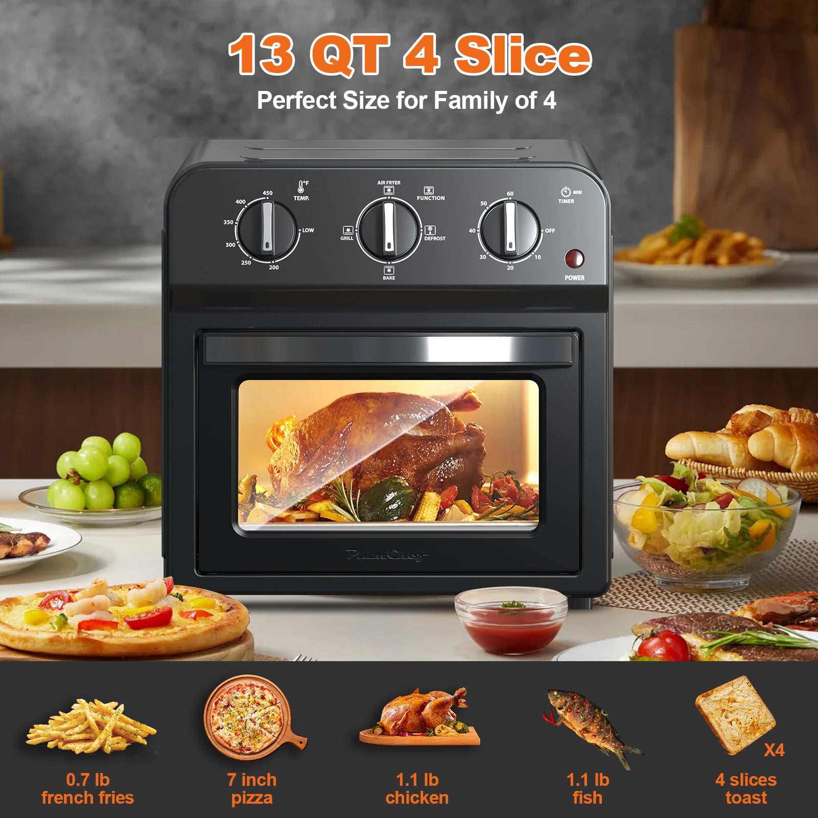 Family Size Air Fryer Toaster Oven Combo,13QT,Hot Air Circulation For Healthy Oil-Free Cooking, Multifunctional Convection Contertop Oven, Adjustable Time & Temp Control