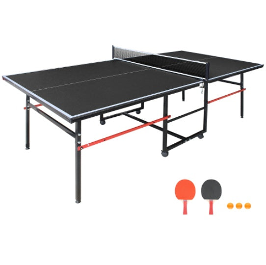 8ft Black Mid-Size Table Tennis Table Foldable & Portable Ping Pong Table Set For Indoor Games With Net, 2 Table Tennis Paddles And 3 Balls