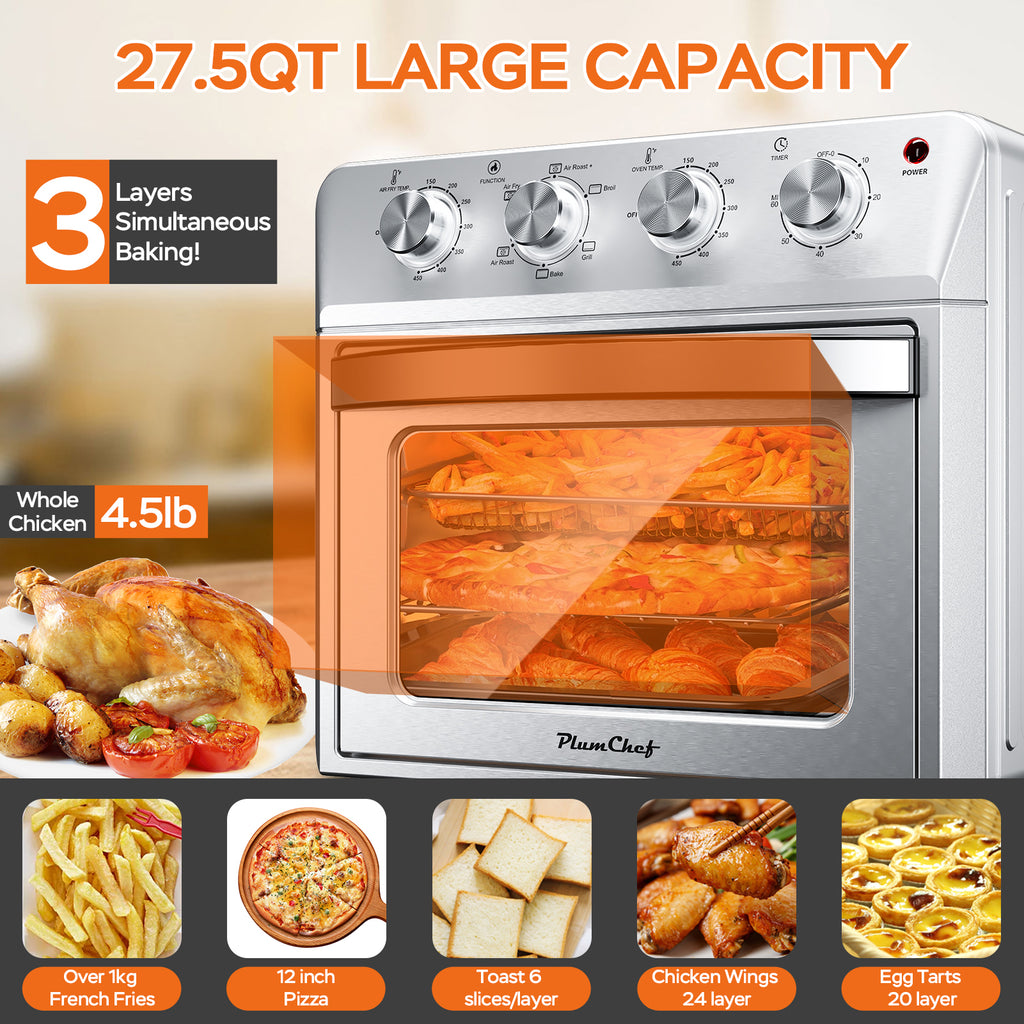 27.5QT 6-in-1 Air Fryer Toaster Oven, 6-Slice, Countertop Convection Oven, Air Frying, Baking, Roasting, Broiling & Grilling, 1600W, Sliver
