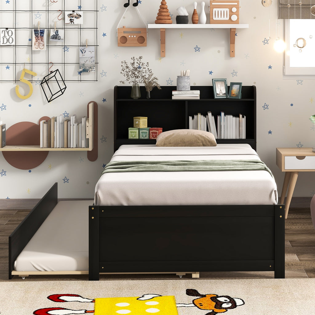 Twin Bed With Trundle,Bookcase,Espresso