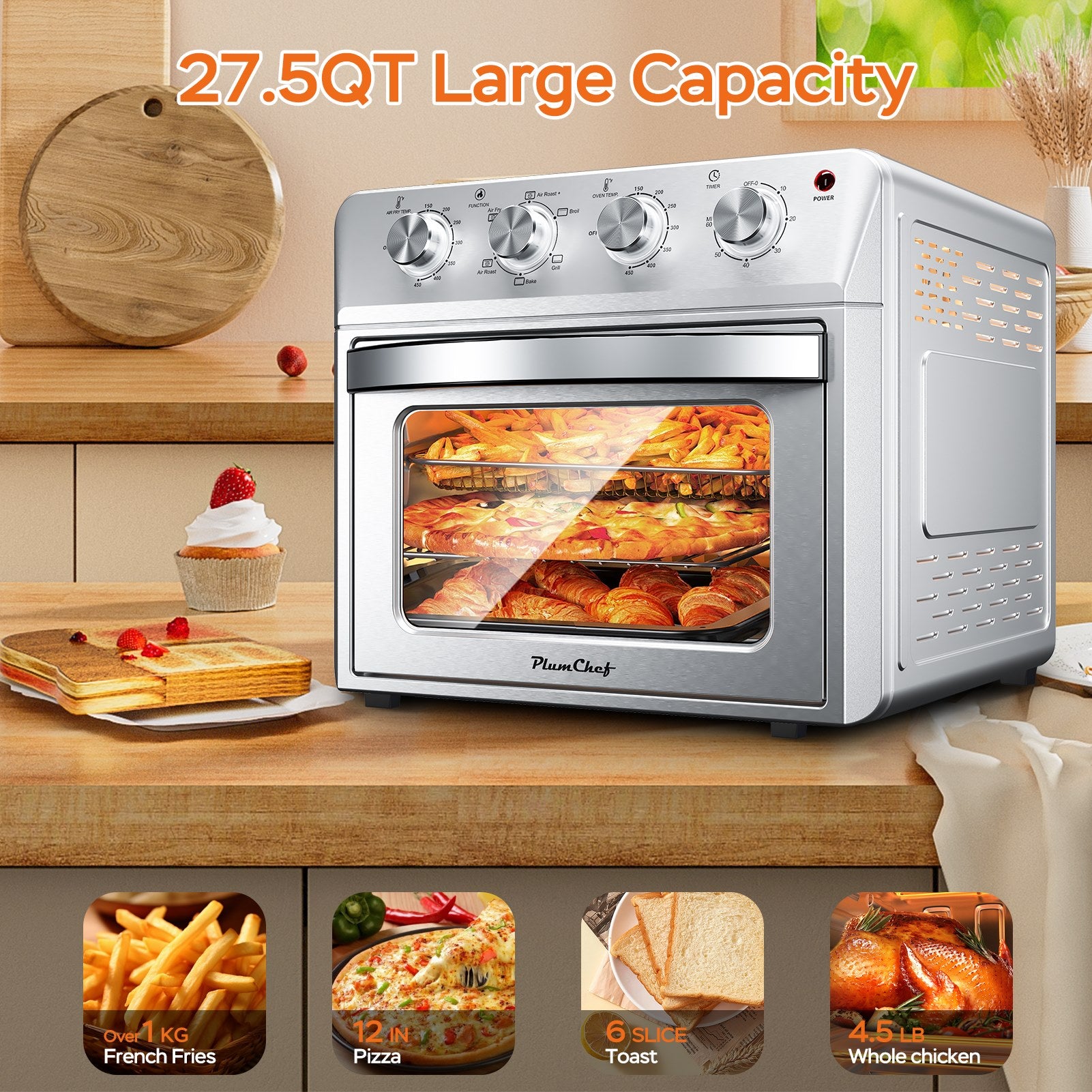27.5QT 6-in-1 Air Fryer Toaster Oven, 6-Slice, Countertop Convection Oven, Air Frying, Baking, Roasting, Broiling & Grilling, 1600W, Sliver