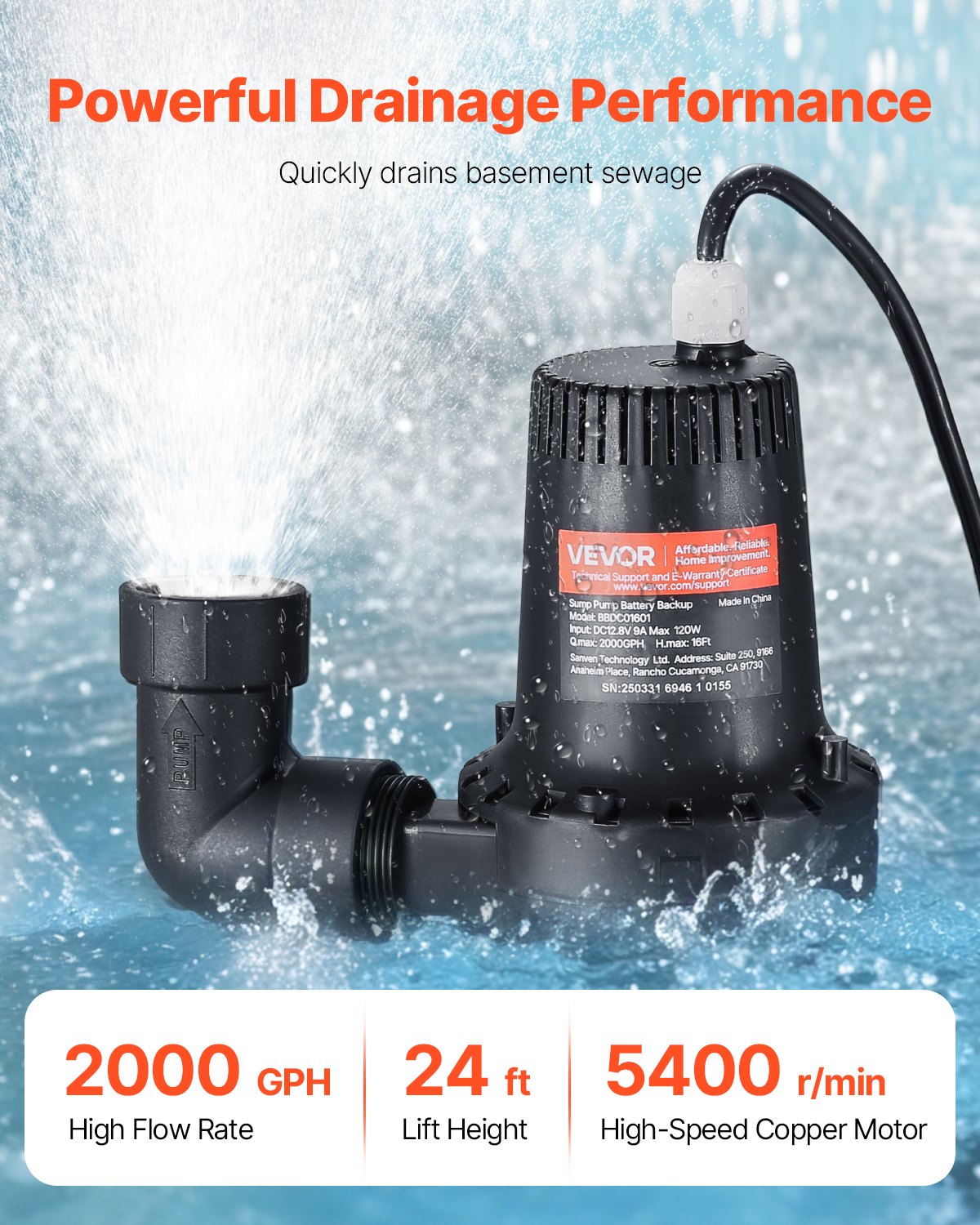 Basement Emergency Back-Up Sump Pump Backup Sump Pump System 2000GPH 0.17 HP