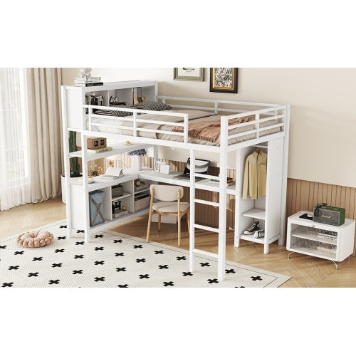 Metal Loft Bed With Wardrobe And L-shaped Desk, Full Size Loft Bed With Storage Cubes And Shelves, Heavy Duty Loft Bed For Kids Teens Adults