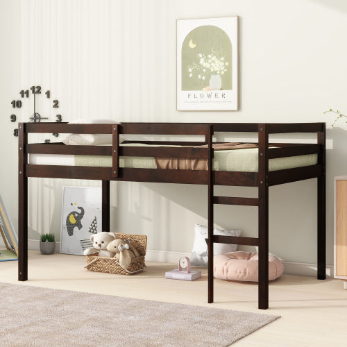 Solid Wooden, Rubber Wooden Twin Loft Bed With Ladder, Bed Platform Of Strengthened Slats , Espresso