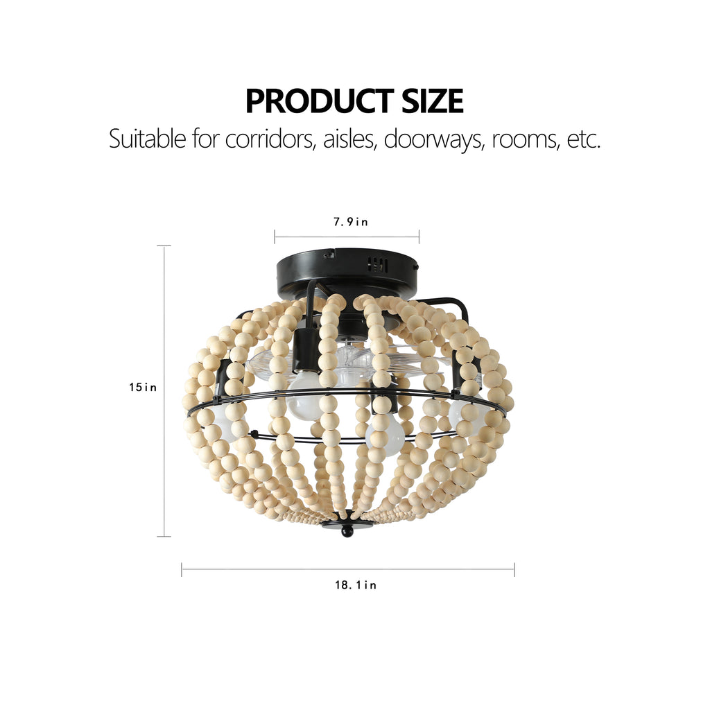 18 Bohemian Wood Beaded Ceiling Fan With Light, Flush Mount Caged Ceiling Fan, Rustic Farmhouse Low Profile Fan Light Fixture For Indoor Home Decor  Silent 6-Speed Reversible  DC Motor  No Bulbs