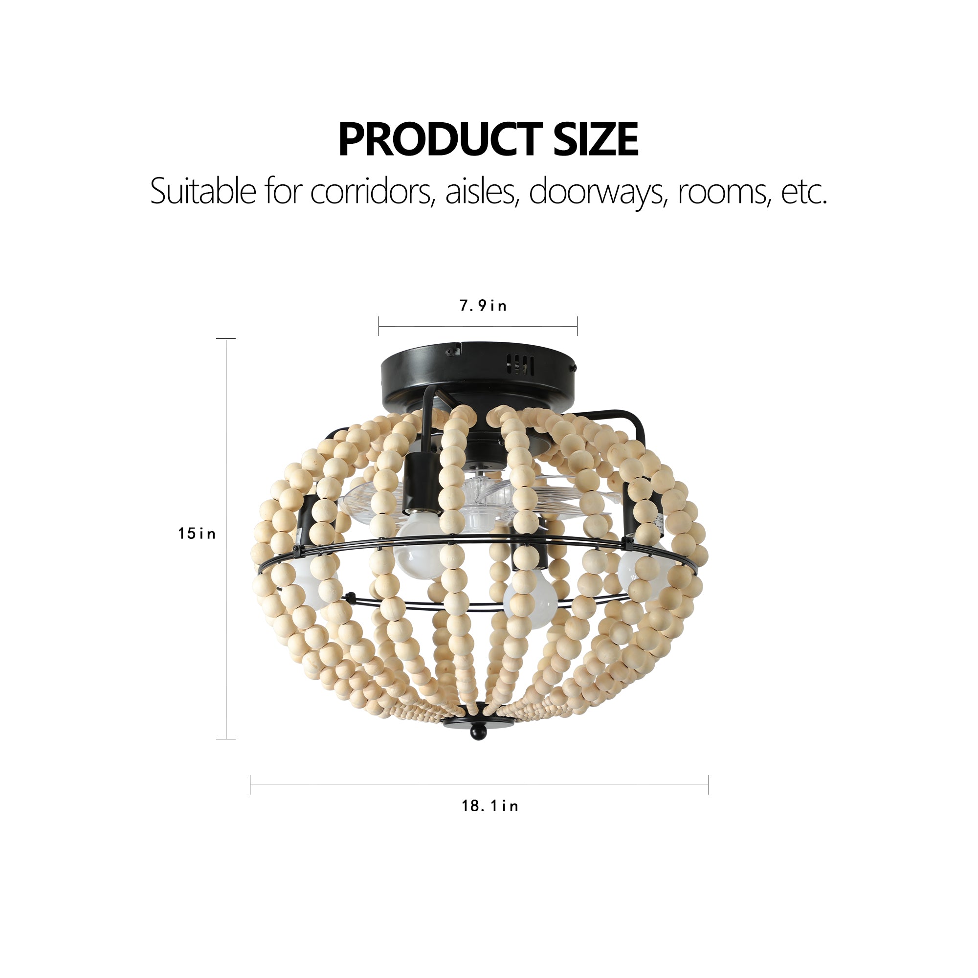 18 Bohemian Wood Beaded Ceiling Fan With Light, Flush Mount Caged Ceiling Fan, Rustic Farmhouse Low Profile Fan Light Fixture For Indoor Home Decor  Silent 6-Speed Reversible  DC Motor  No Bulbs