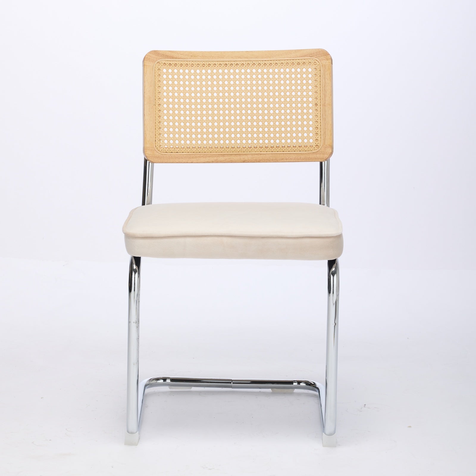 Mid Century Modern Dining Chairs Set Of 2, Velvet Accent Chairs With Natural Cane Back & Stainless Chrome Base, Famous Breuer Designed Chairs, Upholstered Rattan Kitchen Chairs,Beige