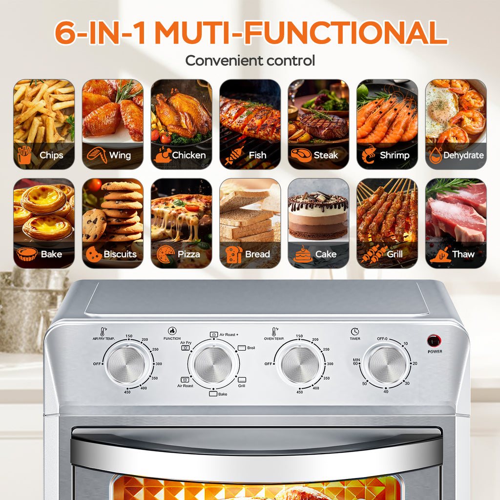 27.5QT 6-in-1 Air Fryer Toaster Oven, 6-Slice, Countertop Convection Oven, Air Frying, Baking, Roasting, Broiling & Grilling, 1600W, Sliver