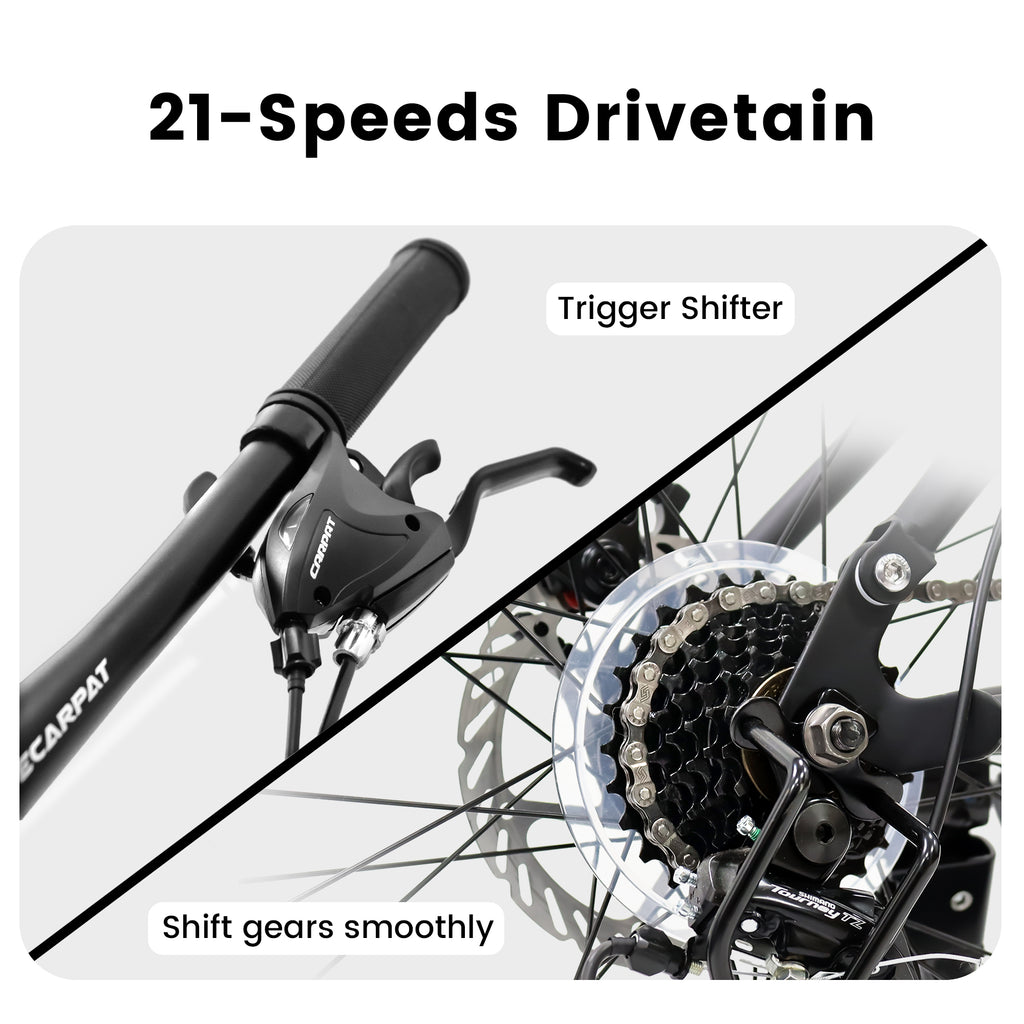 A2460 24 Inch Mountain Bike With Full Suspension, 21 Speed Shifter Lever With Gear Indicator, High Carbon Steel Frame, Mechanical Disc Brakes, Unisex For Men Women Adults, Ideal For Trails.