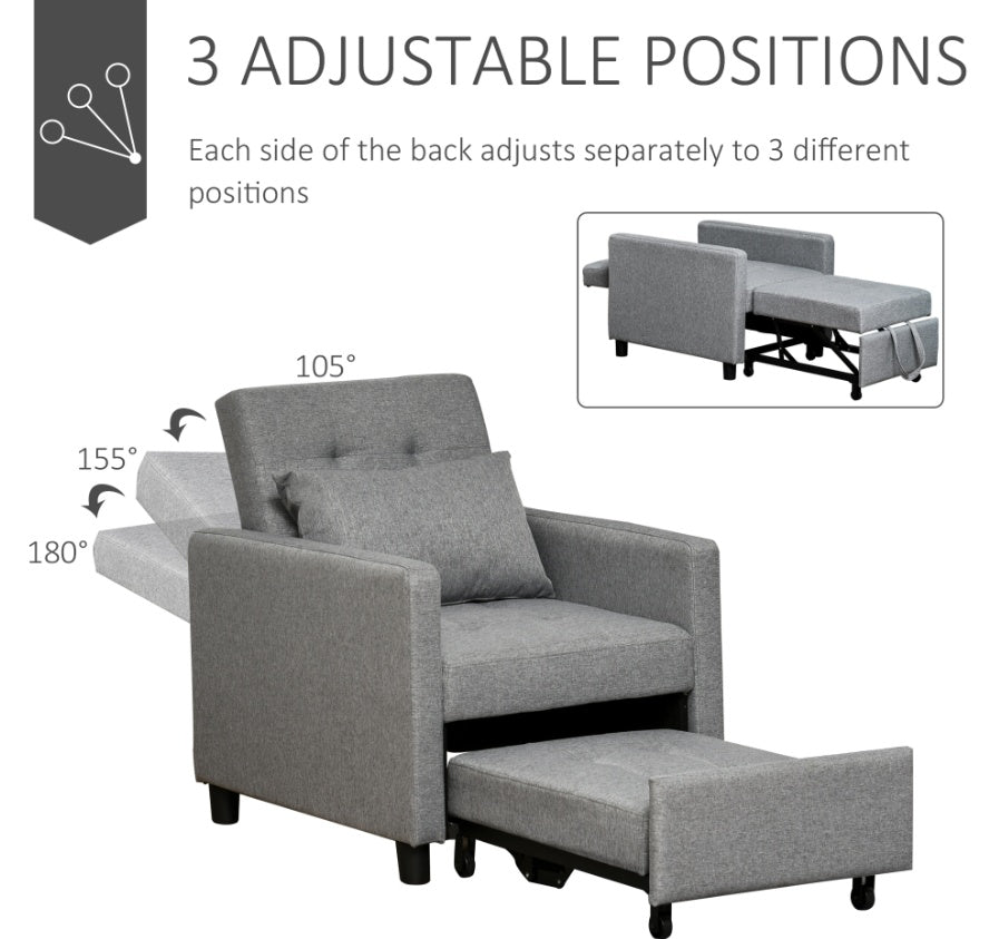 Convertible Chair Bed Grey Sofa Bed Multi-Functional Sleeper Ottoman Recliner Adjustable Backrest