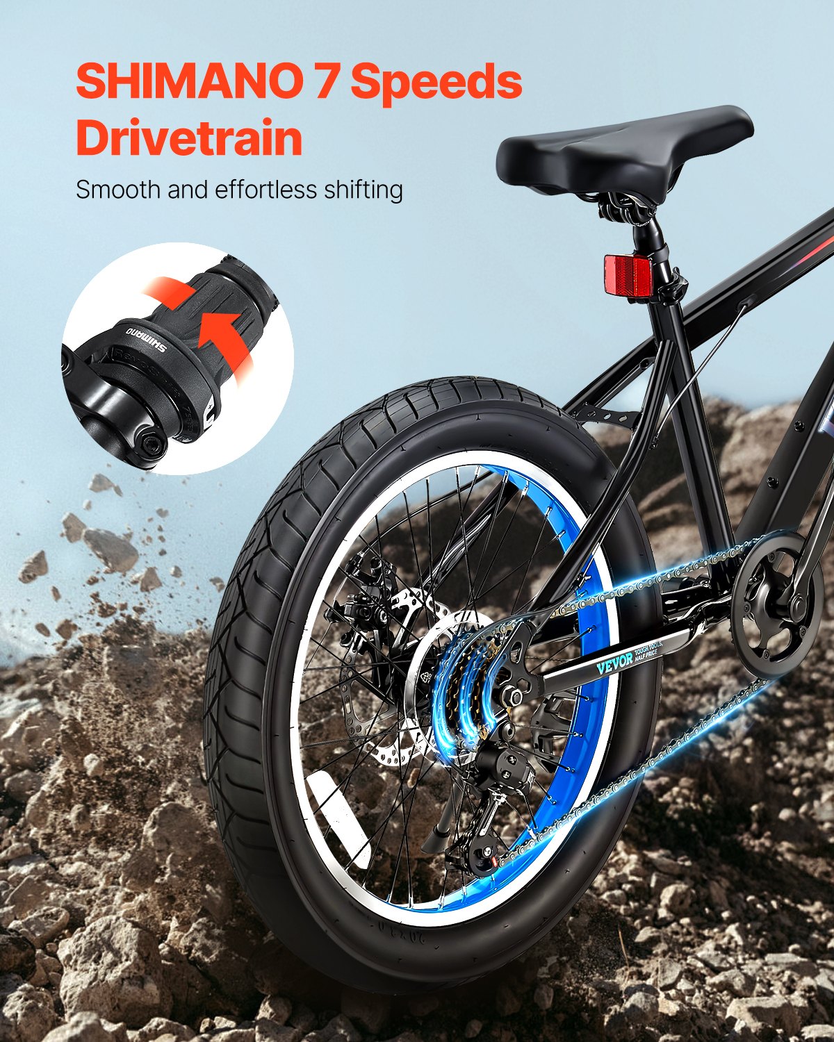 VEVOR Mountain Bike, 20 Inch MTB Bicycle With 7 Speeds SHIMANO Twist Shifting, Comfort Saddle, Dual Disc Brakes, High Carbon Steel Frame, Fat Tire Sport Cycling Bicycle For Trail Snow