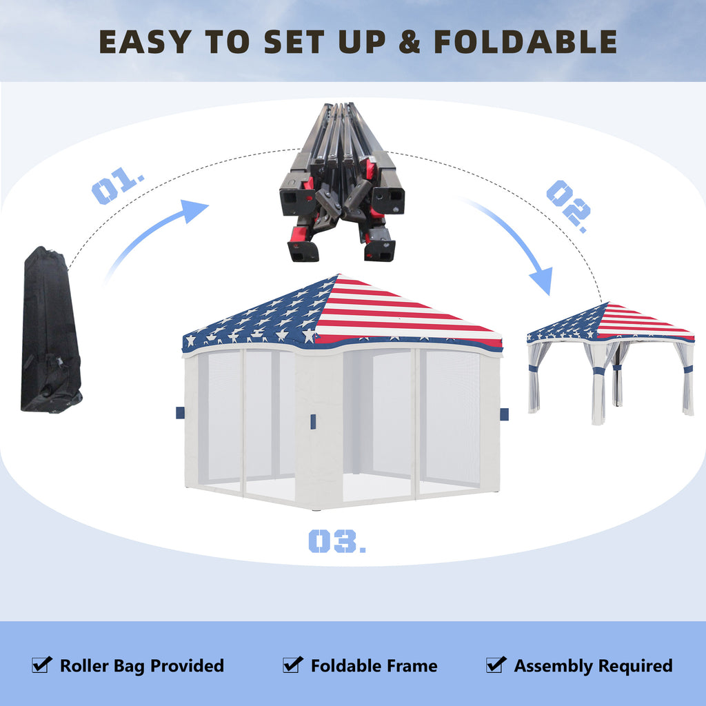 10' x 10' Pop Up Canopy Tent with Netting, Instant Tents for Parties, Height Adjustable, with Wheeled Carry Bag and 4 Sand Bags for Outdoor, Garden, Patio, American Flag