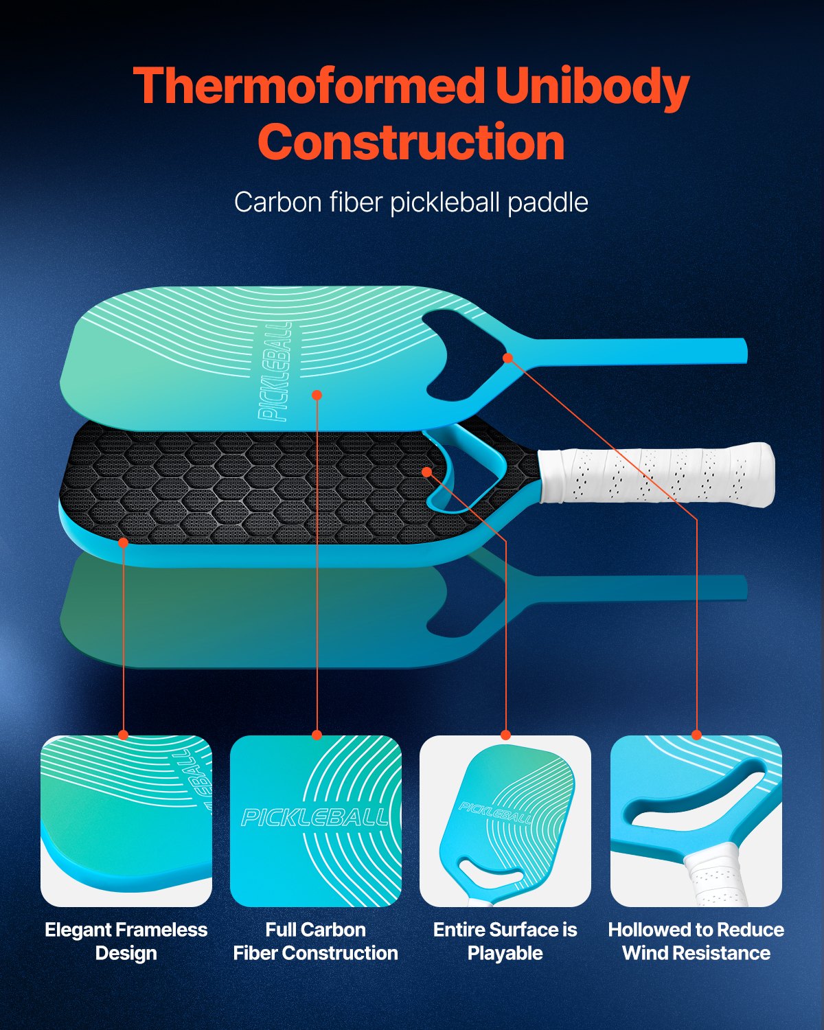 Pro Carbon Fiber Pickleball Paddle With Aero Throat Honeycomb Core Racket