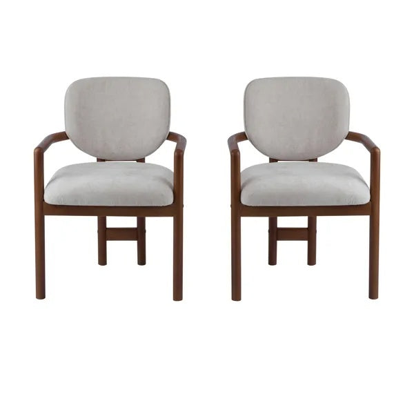 Dining Chairs Set Of 2 Upholstered Arm Chairs, Rubber Wood Accent Chairs Beige Fabric Seating, 300 LBS Weight Capacity