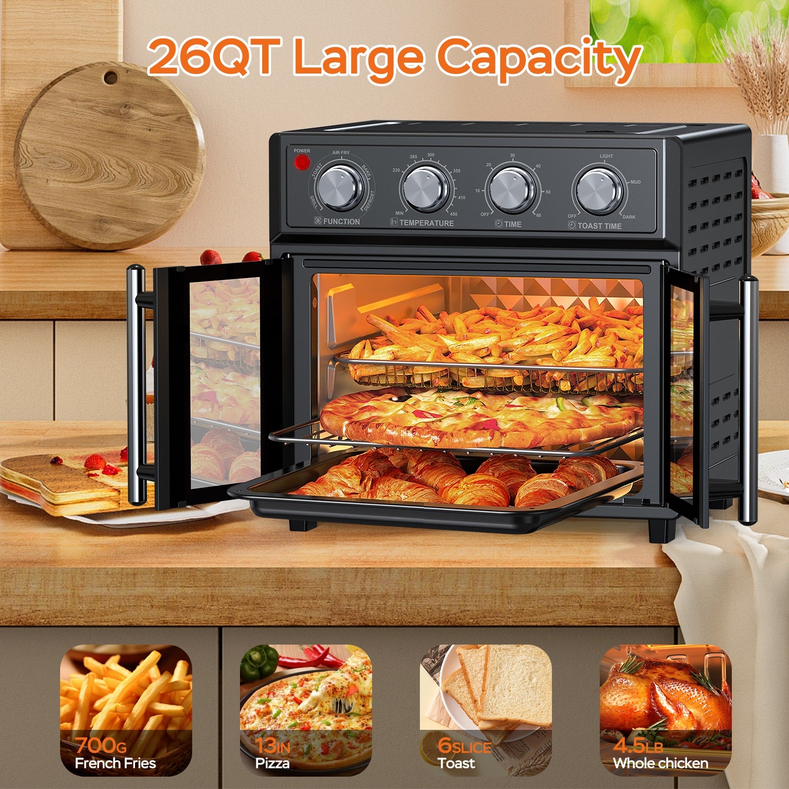 29.5 QT Air Fryer Convection Toaster Oven, French Door, 6 Slices, 1700W, Multifunction Oven, Air Fryer, Toast, Grill, Defrost, Bake, Time And Temperature Controls, Black
