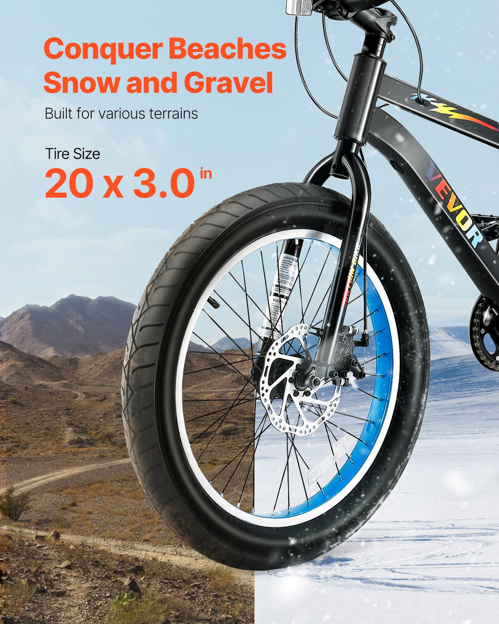 VEVOR Mountain Bike, 20 Inch MTB Bicycle With 7 Speeds SHIMANO Twist Shifting, Comfort Saddle, Dual Disc Brakes, High Carbon Steel Frame, Fat Tire Sport Cycling Bicycle For Trail Snow