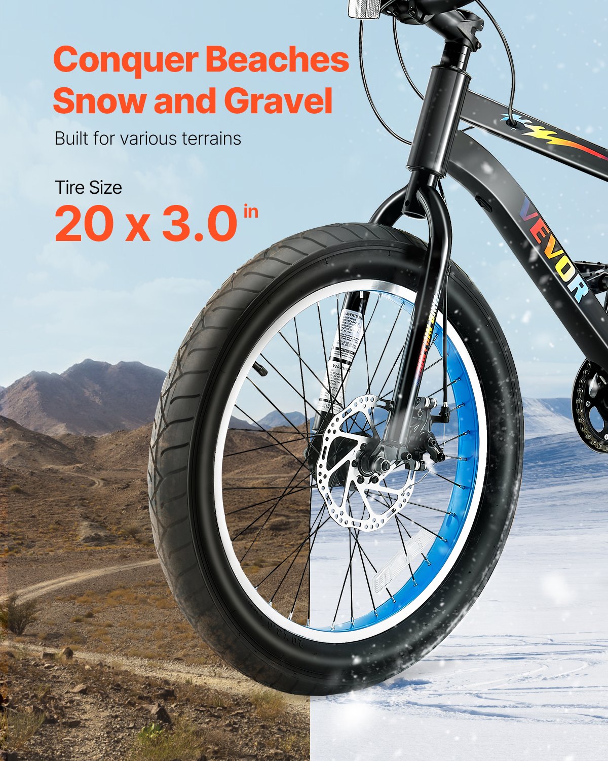 VEVOR Mountain Bike, 20 Inch MTB Bicycle With 7 Speeds SHIMANO Twist Shifting, Comfort Saddle, Dual Disc Brakes, High Carbon Steel Frame, Fat Tire Sport Cycling Bicycle For Trail Snow