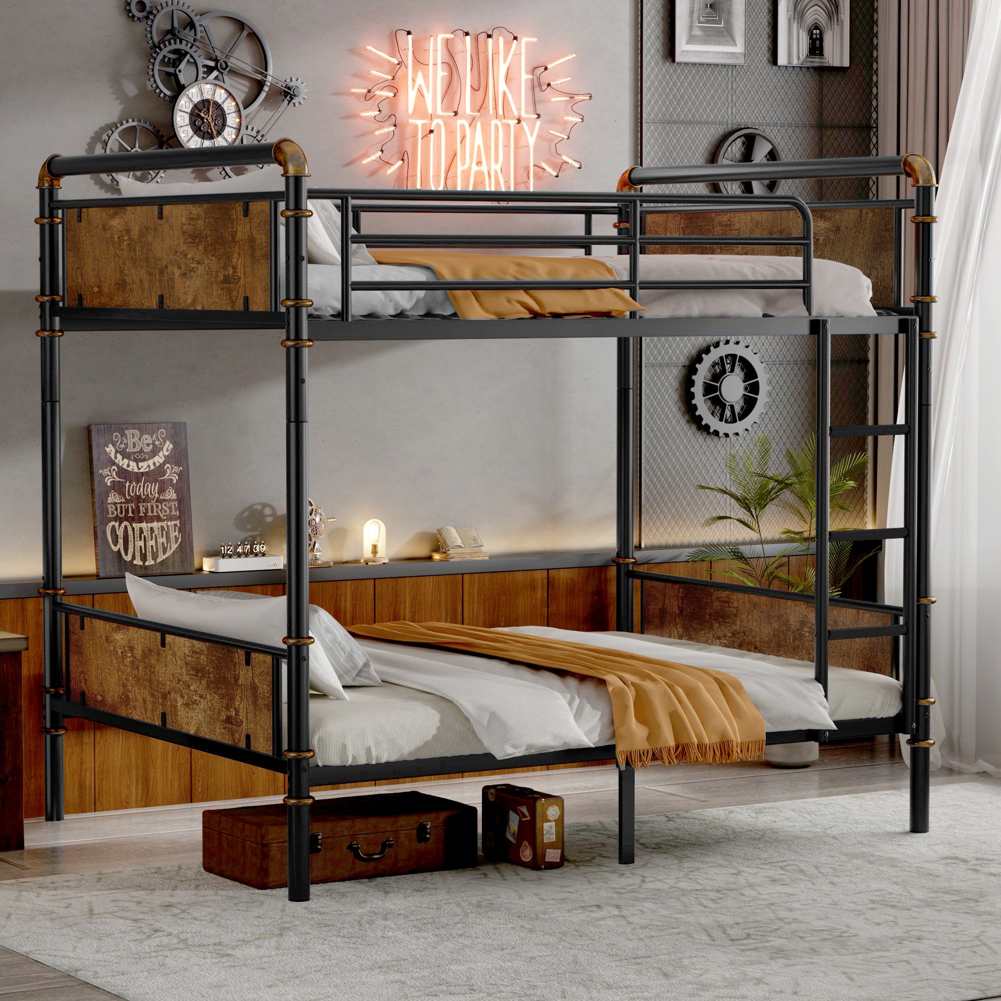 Double Bed Plus Double Bed Plus Metal Bunk Bed, Industrial Grade Detachable Bunk Bed With Safety Railing, Suitable For Teenagers, Black, Prohibited Platform Temu
