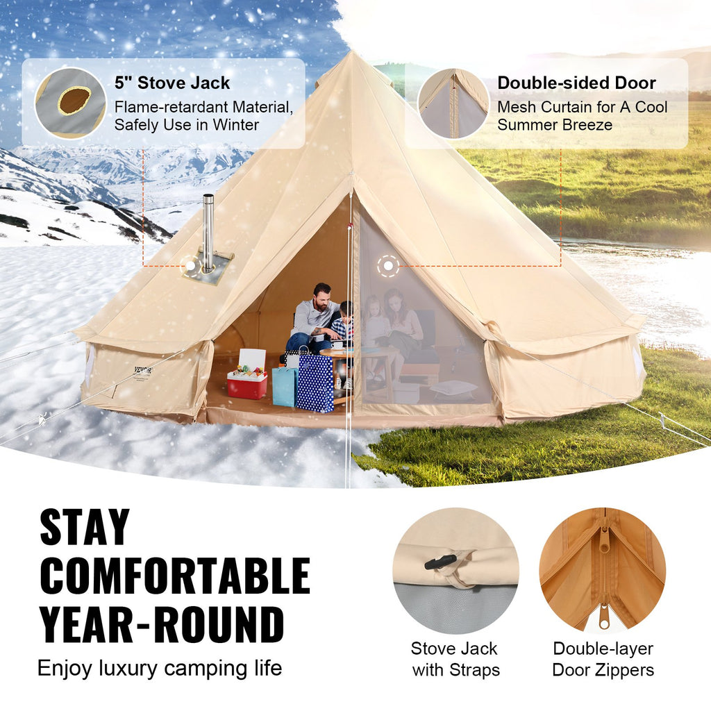 12 Person Canvas Glamping Bell Tent, Breathable Waterproof Large Yurt Tent With Stove Jack And Detachable Side Wall For Family Camping, 23'x23'x137"(Diameter 7M)