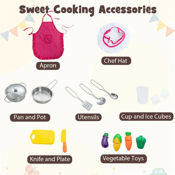 Interactive Kids Play Kitchen With Ice Maker & Chalkboard, Corner Design Pretend Cooking Set With Realistic Sound Effects-Coffee