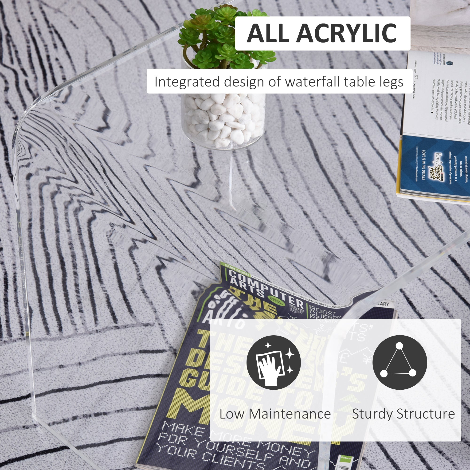 0.6" Thick Acrylic Coffee Table, 32" Long Rectangle Waterfall Coffee Table, Clear