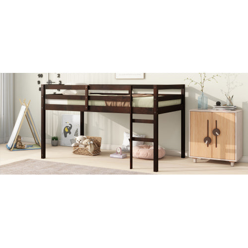 Solid Wooden, Rubber Wooden Twin Loft Bed With Ladder, Bed Platform Of Strengthened Slats , Espresso
