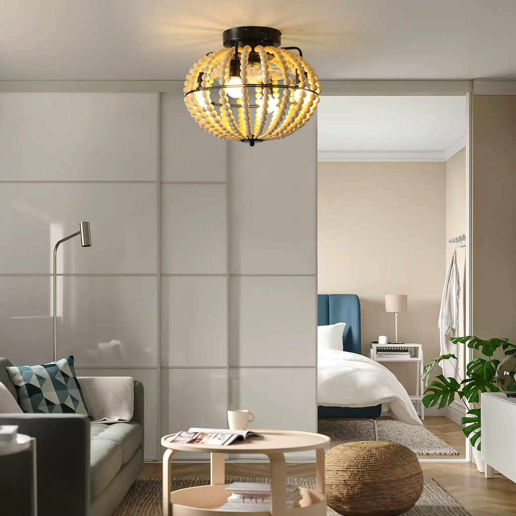 18 Bohemian Wood Beaded Ceiling Fan With Light, Flush Mount Caged Ceiling Fan, Rustic Farmhouse Low Profile Fan Light Fixture For Indoor Home Decor  Silent 6-Speed Reversible  DC Motor  No Bulbs