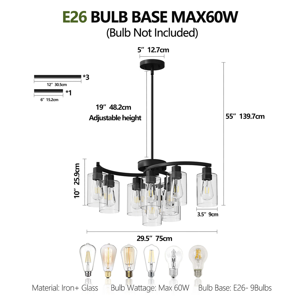 9-Light Black Modern Chandeliers For Dining Room, Adjustable Height Farmhouse Kitchen Island Lighting, Industrial Hanging Light Fixtures For Living Room Bedroom, Clear Glass Shade