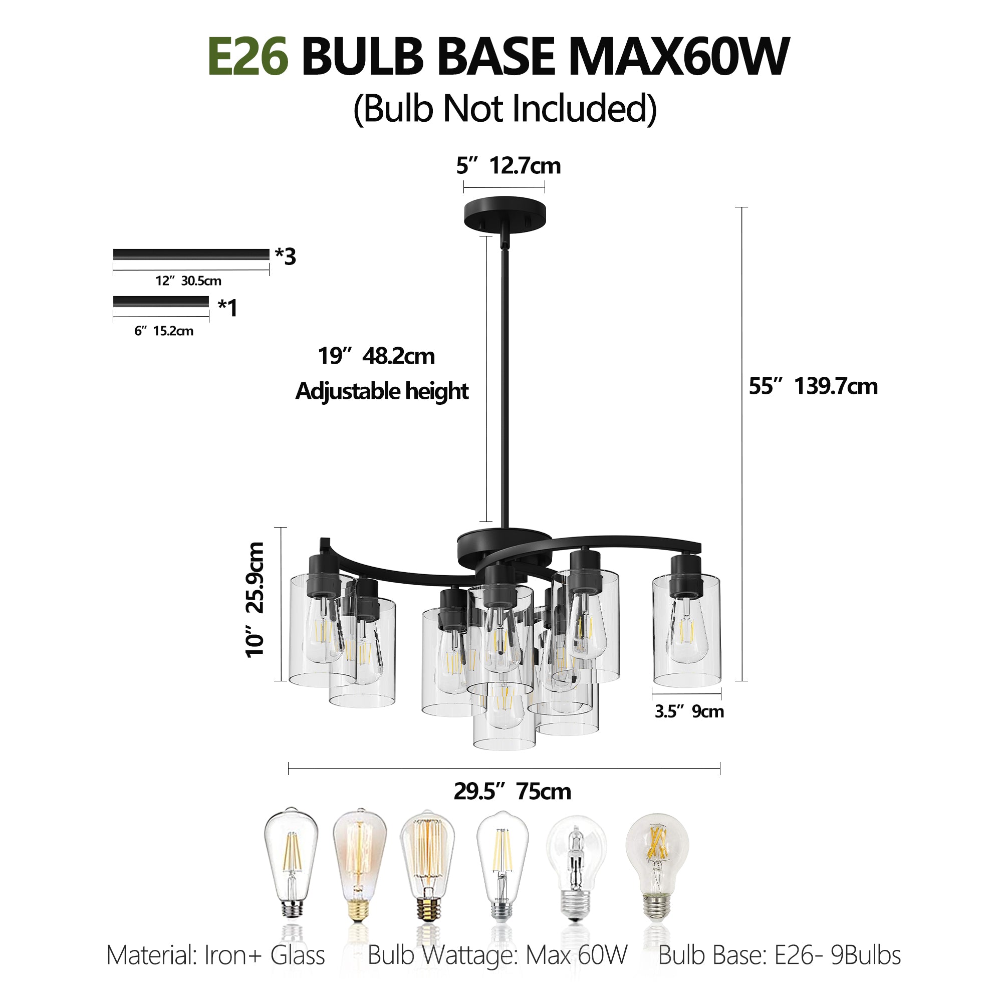 9-Light Black Modern Chandeliers For Dining Room, Adjustable Height Farmhouse Kitchen Island Lighting, Industrial Hanging Light Fixtures For Living Room Bedroom, Clear Glass Shade