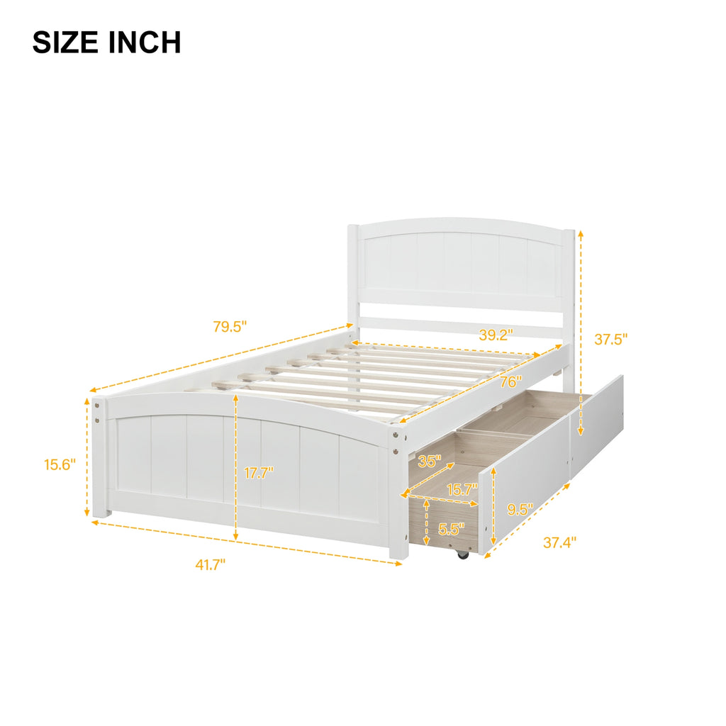 Twin Size Platform Bed With Two Drawers, White