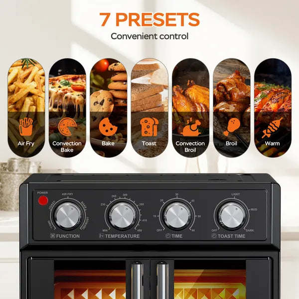 PlumChef 29.5 Quart Extra Large 6 Slices Air Fryer Convection Toaster Oven, French Door, 1700W, Multifunction Oven For Air Fryer, Toast, Grill, Defrost, Bake, Time And Temperature Controls, Black