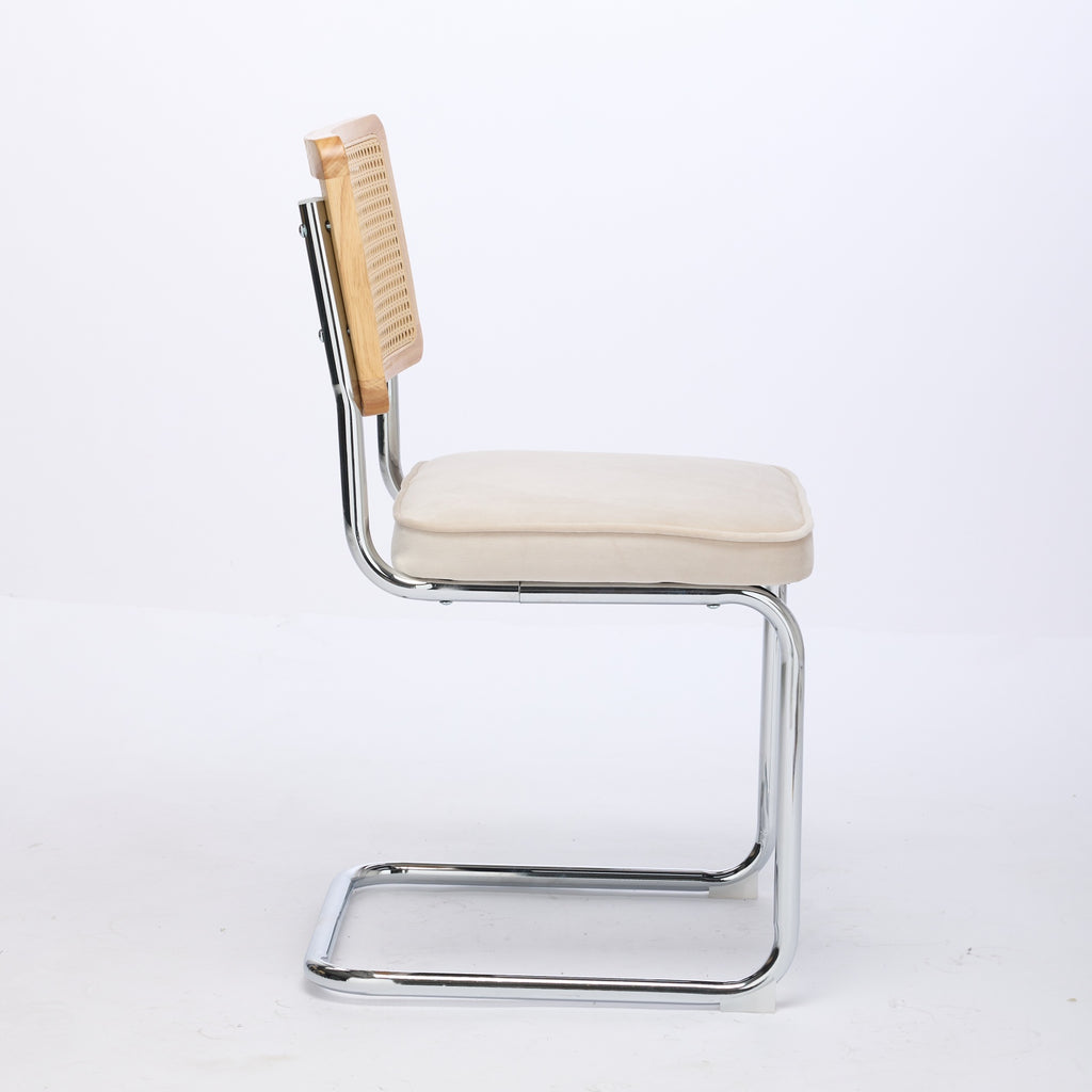 Mid Century Modern Dining Chairs Set Of 2, Velvet Accent Chairs With Natural Cane Back & Stainless Chrome Base, Famous Breuer Designed Chairs, Upholstered Rattan Kitchen Chairs,Beige