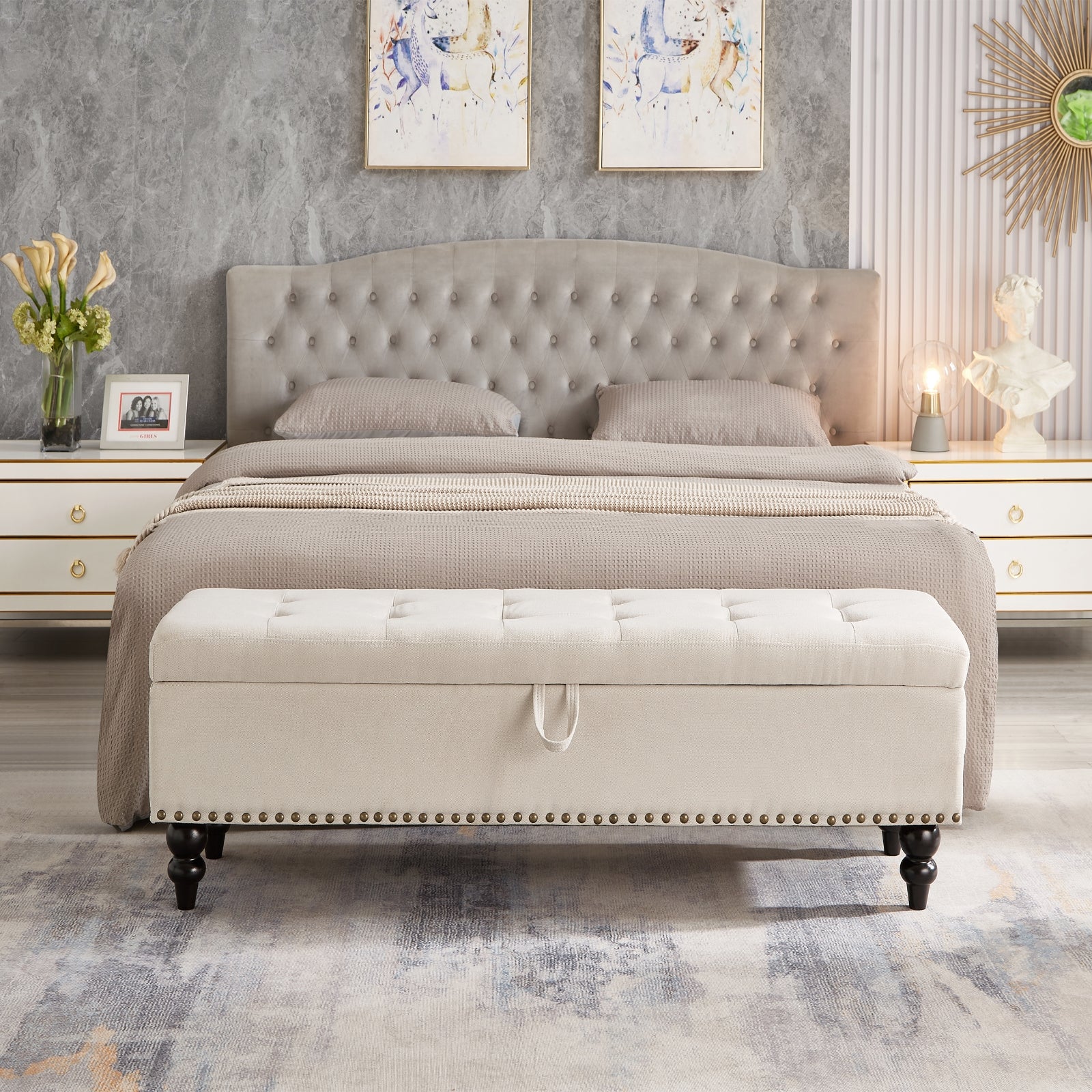 59 Bed Bench Ottoman With Storage Beige Fabric