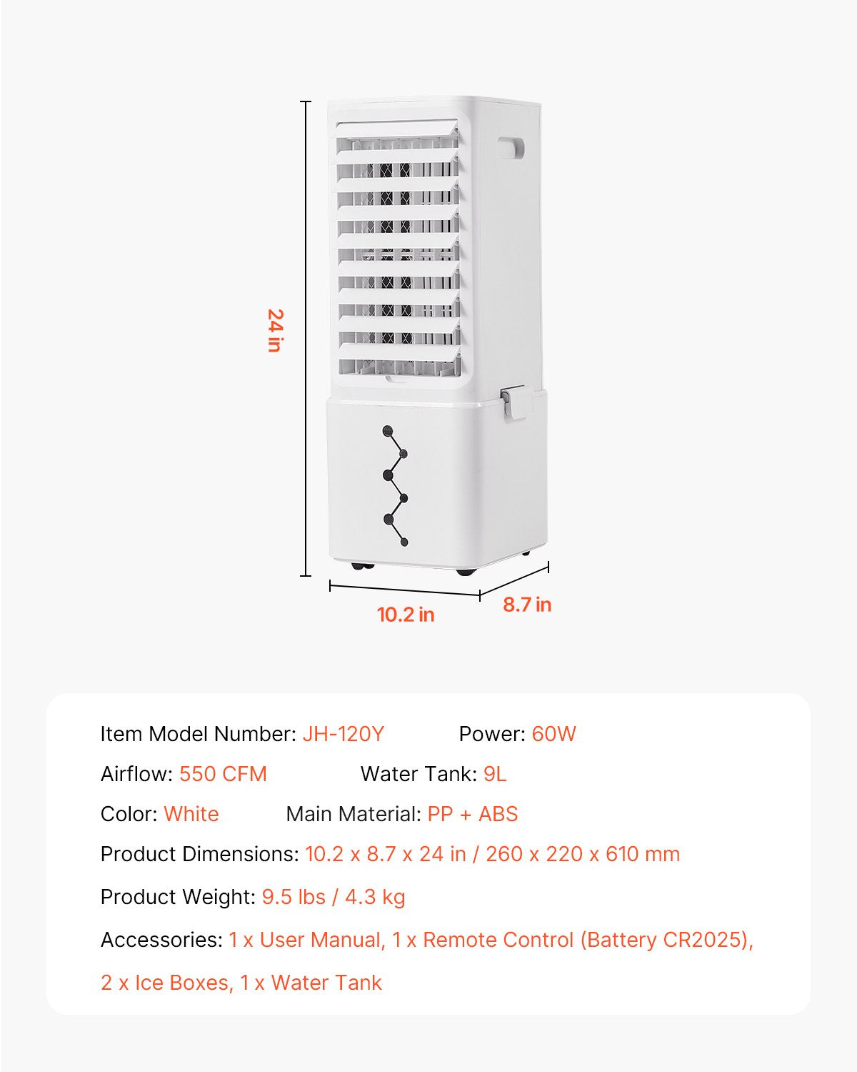 Evaporative Air Cooler 9L 550 CFM Swamp Air Conditioner With 2 Ice Boxes