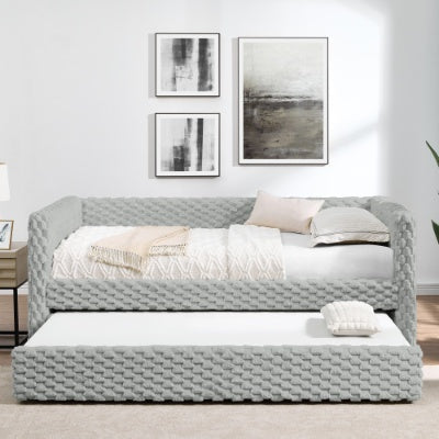 Twin Size Daybed, Upholstered Sofa Bed,The Bottom Pulls Out To Form A Bed ,Striped Corduroy Fabric- Beige 86x43.5x34