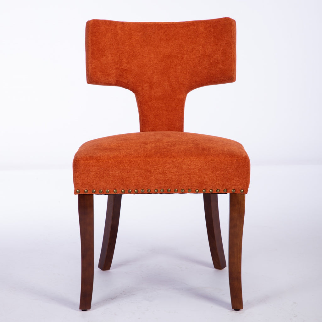 Mid Century Modern Dining Chairs Set Of 2, Farmhouse Linen Fabric Upholstered Accent Chair Curved Backrest With Copper Nails Around,Kitchen Chairs With Hardwood Frame, Orange