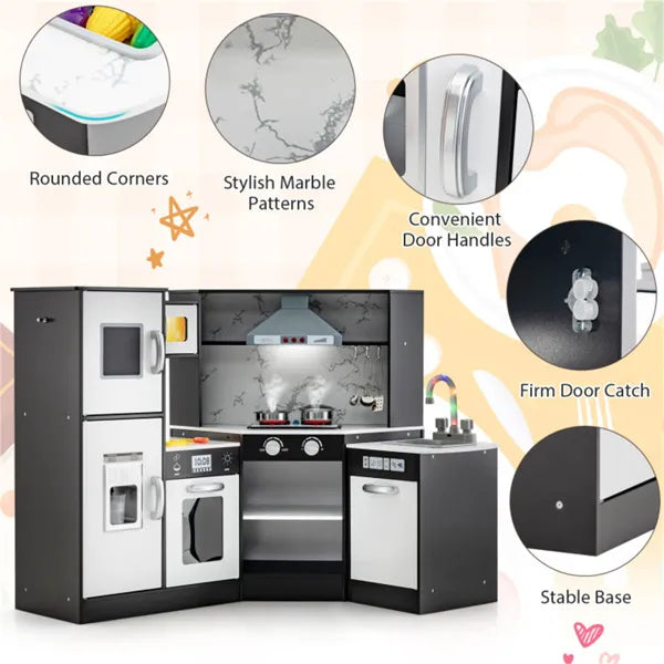 Interactive Kids Play Kitchen With Ice Maker & Chalkboard, Corner Design Pretend Cooking Set With Realistic Sound Effects-Coffee